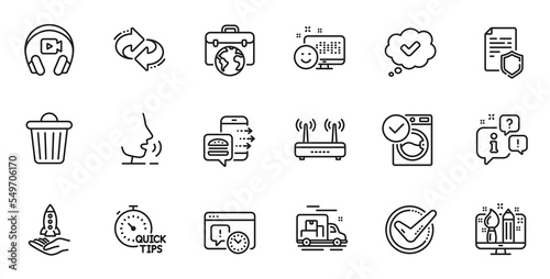Outline set of Creative design, Headphones and Businessman case line icons for web application. Talk, information, delivery truck outline icon. Vector