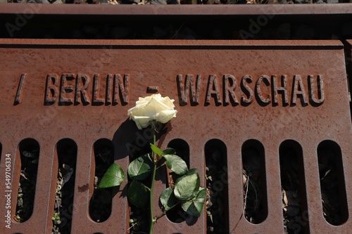 White rose put on the metal grate with "Berlin - Warsaw" written on it