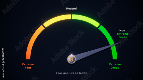 Extreme Greed Global market Index worldwide bitcoin graph speed meter 3d illustration on the black background trade when to buy coin ethereum stock money block chain diagram
