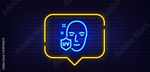 Neon light speech bubble. UV protection line icon. Skin care sign. Healthy face symbol. Neon light background. UV protection glow line. Brick wall banner. Vector