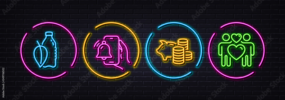 Piggy bank, Alarm clock and Water bottle minimal line icons. Neon laser 3d lights. Love couple icons. For web, application, printing. Money investment, Phone alarm, Mint leaf drink. Lovers. Vector