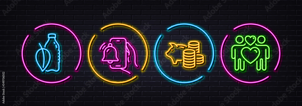 Piggy bank, Alarm clock and Water bottle minimal line icons. Neon laser 3d lights. Love couple icons. For web, application, printing. Money investment, Phone alarm, Mint leaf drink. Lovers. Vector Piggy bank, Alarm clock and Water bottle minimal line icons. Neon laser 3d lights. Love couple icons. For web, application, printing. Money investment, Phone alarm, Mint leaf drink. Lovers. Vector