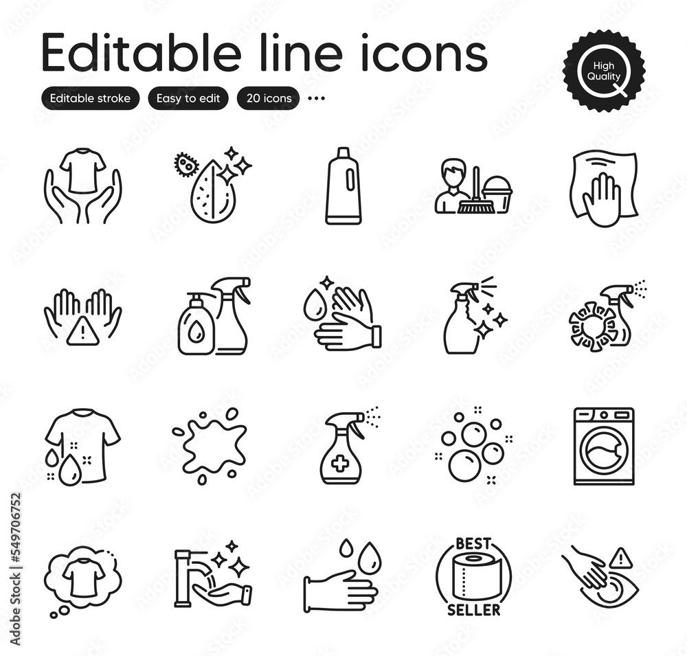 Set of Cleaning outline icons. Contains icons as Washing hands, Cleaning liquids and Toilet paper elements. Dirty spot, Washing cleanser, Wash hands web signs. Coronavirus spray. Vector Set of Cleaning outline icons. Contains icons as Washing hands, Cleaning liquids and Toilet paper elements. Dirty spot, Washing cleanser, Wash hands web signs. Coronavirus spray. Vector
