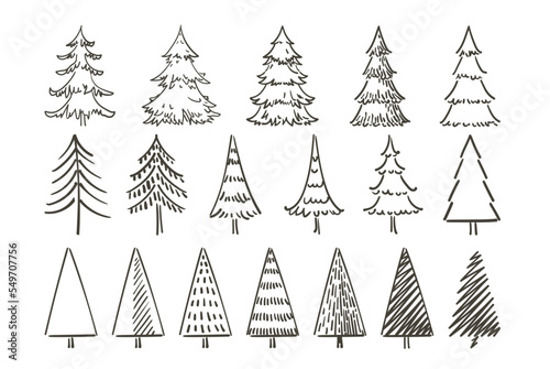 Christmas trees and Quote. Hand drawn set of spruce. Holidays background and Greetings card. Abstract doodle drawing woods, spruce. Vector sketch simple line illustration.