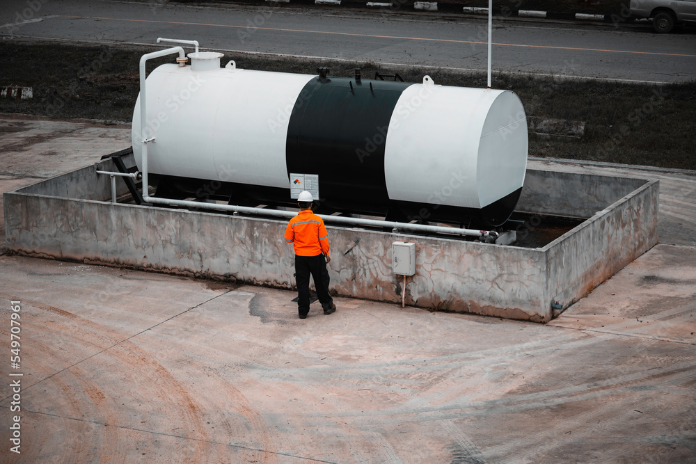 Male workers are for check record inspection of storage tank oil Male workers are for check record inspection of storage tank oil