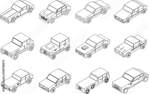 Car old icons set. Isometric set of car old vector icons outline vector on white background