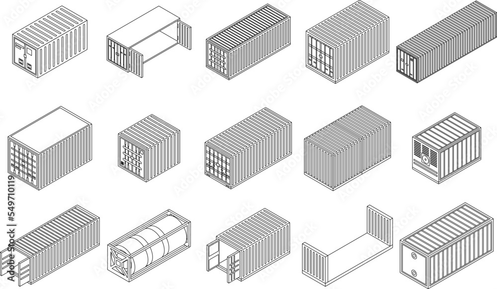 Cargo container icons set. Isometric set of cargo container vector icons outline vector on white background Cargo container icons set. Isometric set of cargo container vector icons outline vector on white background
