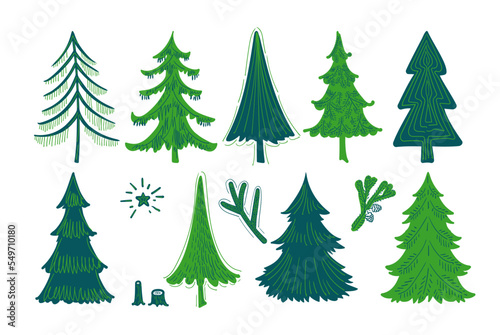 Christmas trees and Quote. Hand drawn set of spruce. Holidays background and Greetings card. Abstract doodle drawing woods, spruce. Vector sketch simple line illustration. © mozart3737