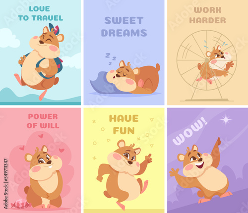 Hamsters cards. Posters design with chubby characters happy hamsters on gift cards exact vector template