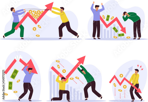 Finance crisis. People scary from bad graph business statistics finance problems economic recession recent vector concept illustrations