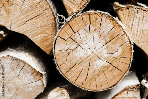 Firewood background. Dry chopped wooden logs. Natural texture.