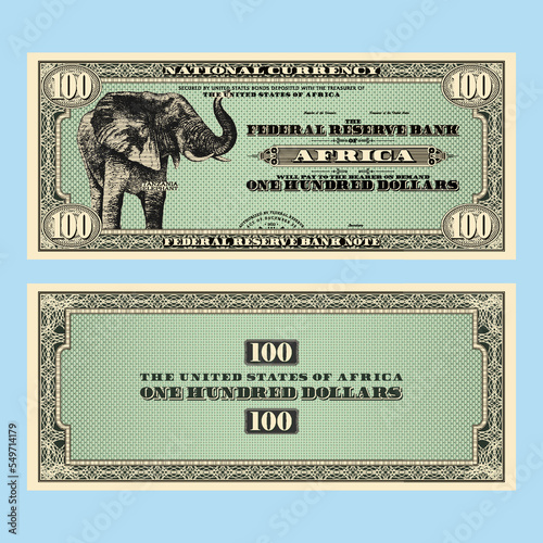 Vector fictional African money with a face value of 100 dollars. Obverse and reverse of the banknote with a guilloche frame and a large elephant.