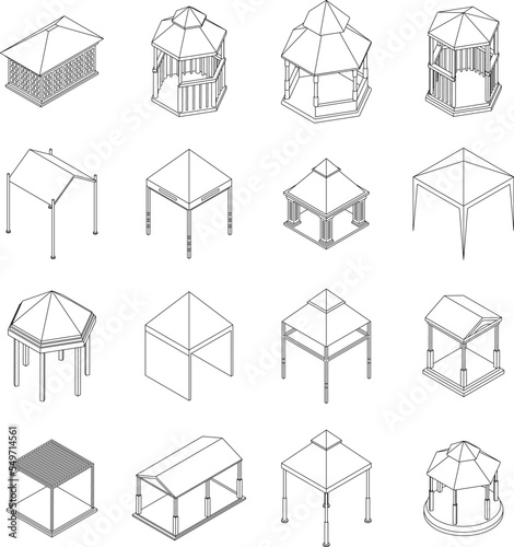 Gazebo icons set. Isometric set of gazebo vector icons outline vector on white background