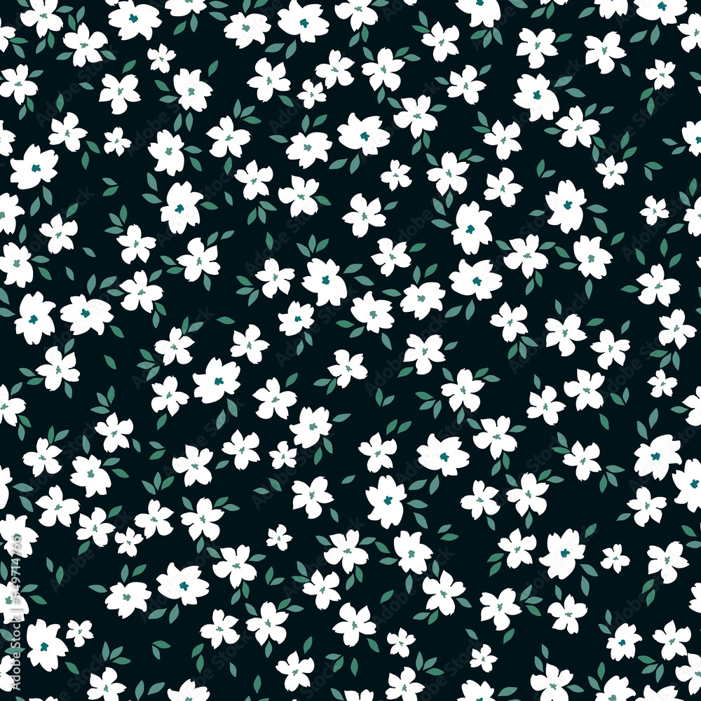 Cute floral pattern. Seamless vector texture. An elegant template for fashionable prints. Print with small white flowers and green leaves. black background. Cute floral pattern. Seamless vector texture. An elegant template for fashionable prints. Print with small white flowers and green leaves. black background.