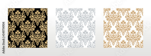 Wallpapers in the style of Baroque. Seamless vector backgrounds. Set of colored floral ornaments. Graphic patterns for fabric, wallpaper, packaging. Ornate Damask flower ornaments