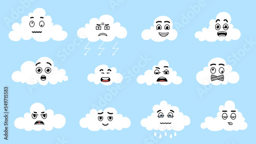 Cute cartoon white clouds expression faces. Isolated cloud with raindrops, weather emotional symbols. Fancy childish nature elements, vector stickers