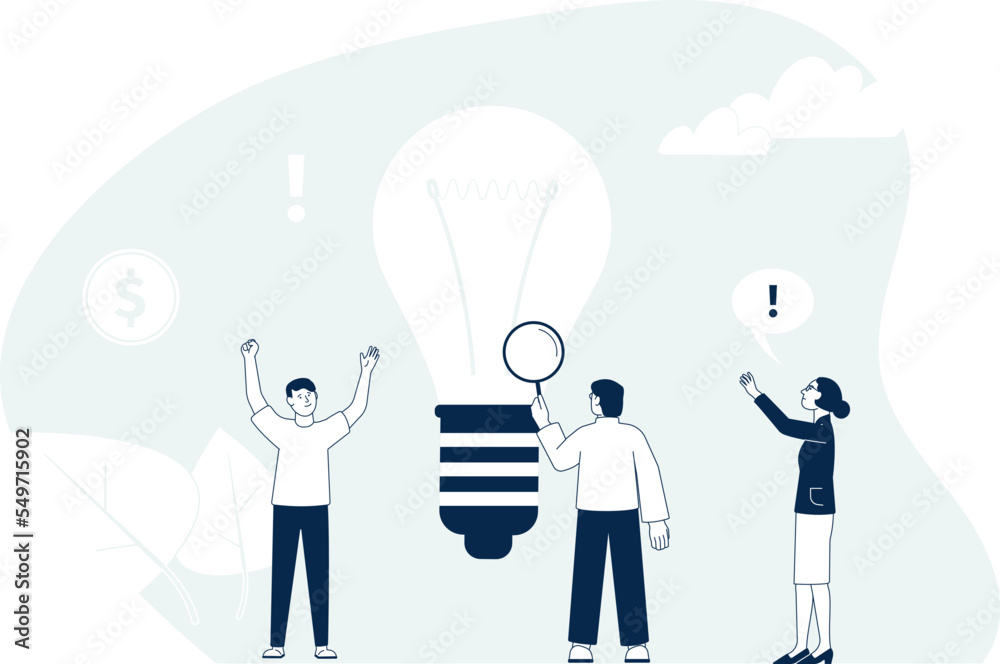 Tiny people have new idea. Brainstorm result, business team and giant lamp bulb. Creative workers, vector young students look ideas Tiny people have new idea. Brainstorm result, business team and giant lamp bulb. Creative workers, vector young students look ideas