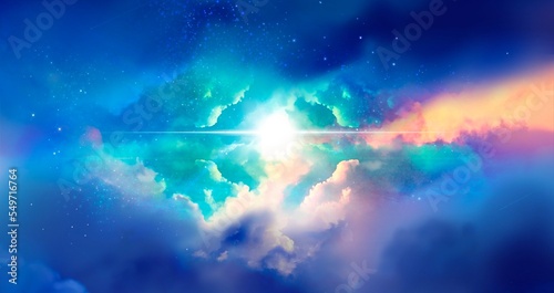 Wide size landscape illustration of a beautiful entrance to heaven, shining divinely through the rainbow-colored clouds.	