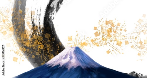 雪化粧の美しい富士山と薄墨の筆書きと金箔、金粉、砂子の舞う日本画風背景ワイドサイズイラスト白背景