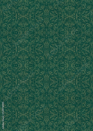 Hand-drawn unique abstract symmetrical seamless gold ornament on a dark cold green background. Paper texture. Digital artwork, A4. (pattern: p03e)