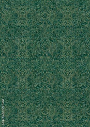 Hand-drawn unique abstract symmetrical seamless gold ornament on a dark cold green background. Paper texture. Digital artwork, A4. (pattern: p04e)