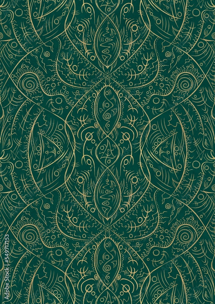 Hand-drawn unique abstract symmetrical seamless gold ornament on a dark cold green background. Paper texture. Digital artwork, A4. (pattern: p08-2d)