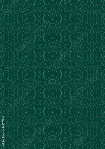 Hand-drawn unique abstract symmetrical seamless gold ornament on a dark cold green background. Paper texture. Digital artwork, A4. (pattern: p08-1f)