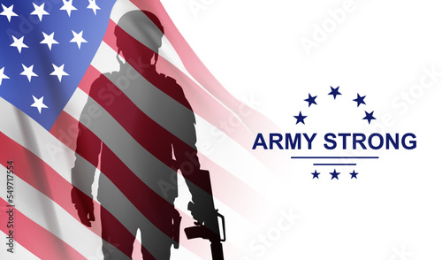 Fototapeta Naklejka Na Ścianę i Meble -  Silhouette of a solider on a backgound with USA flag. USA Armed Forces