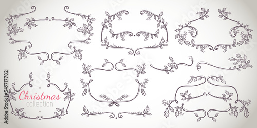 Christmas luxury frames and borders set. Black and white. Xmas holly branches laurels. Holiday elements
