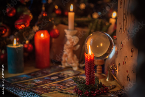 Rite on Christmas, wicca or pagan energy magic. Christmas eve prediction. Attracting love, money and luck into your life. Candle magic 