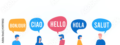 Group of people with speech bubble and word hello by different language illustration