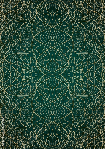 Hand-drawn abstract gold ornament on a dark green cold background, with vignette of darker background color and splatters of golden glitter. Paper texture. Digital artwork, A4. (pattern: p02-2d)