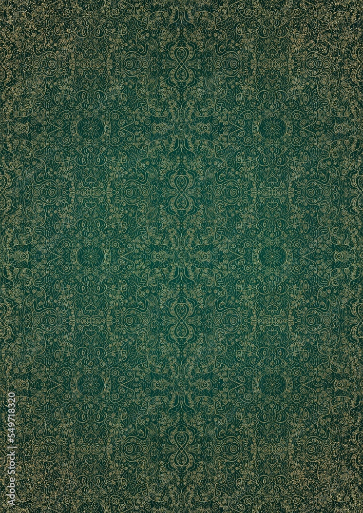 Hand-drawn unique abstract gold ornament on a dark green cold background, with vignette of darker background color and splatters of golden glitter. Paper texture. Digital artwork, A4. (pattern: p06e) Hand-drawn unique abstract gold ornament on a dark green cold background, with vignette of darker background color and splatters of golden glitter. Paper texture. Digital artwork, A4. (pattern: p06e)