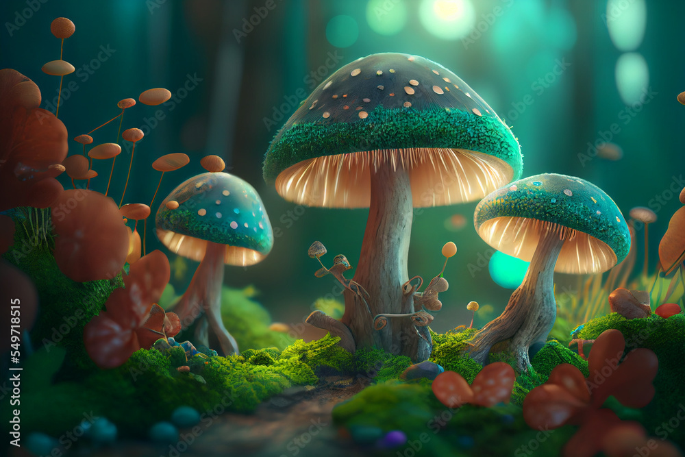 Fototapeta premium Magical green fairytale forest with mushrooms as dreamy background illustration. Digital illustration, 3D render
