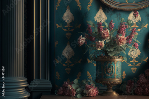 vintage luxury interior house with a vase of flowers sitting on top of a table