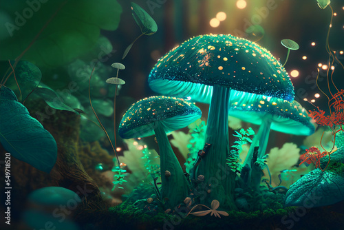 Magical green fairytale forest with mushrooms as dreamy background illustration. Digital illustration, 3D render