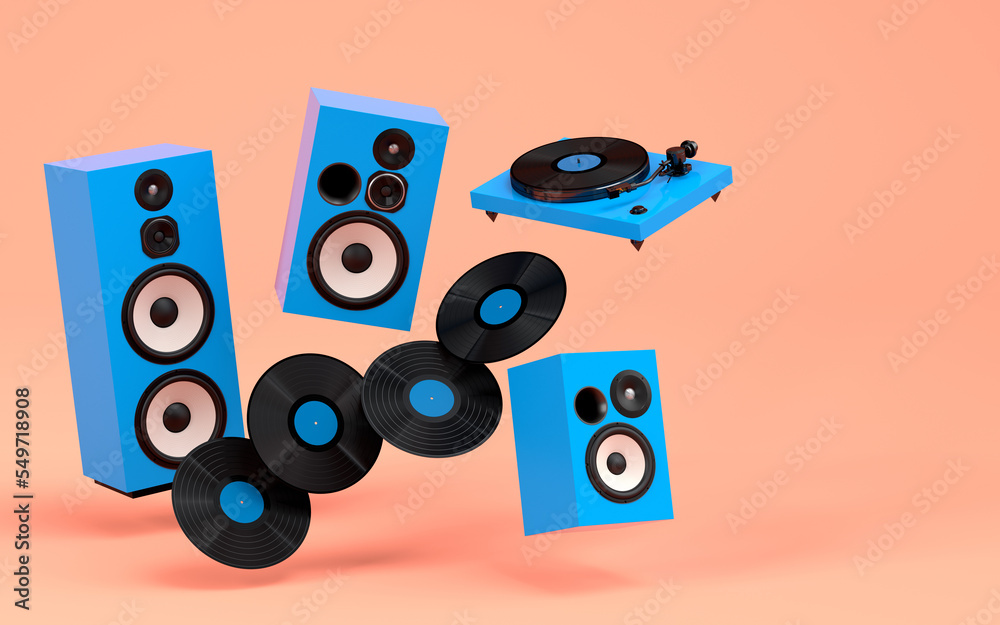 Set of Hi-fi speakers and DJ turntable for sound recording studio on coral Set of Hi-fi speakers and DJ turntable for sound recording studio on coral