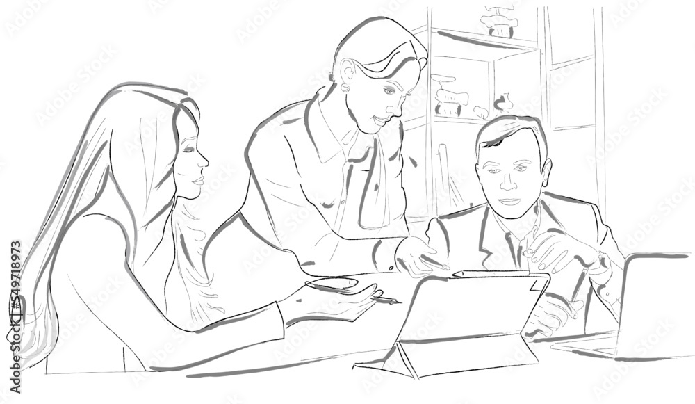 Woman boss working in the office with her team. Vector line art