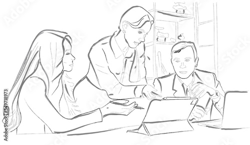 Woman boss working in the office with her team. Vector line art