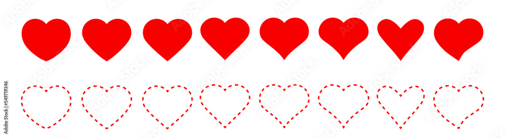 Red Heart icon.Line heart shape.Simple line heart icon.Vector set of love symbols.Dotted line heart.