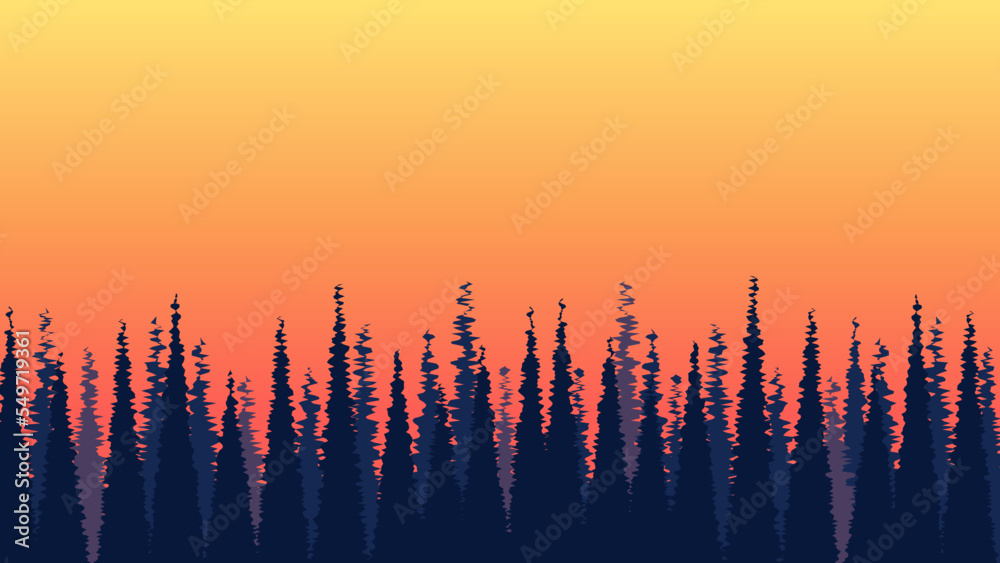 Dense forest pattern sunset on the orange-yellow sky background, vector coniferous forest landscape nature illustration in minimal style.