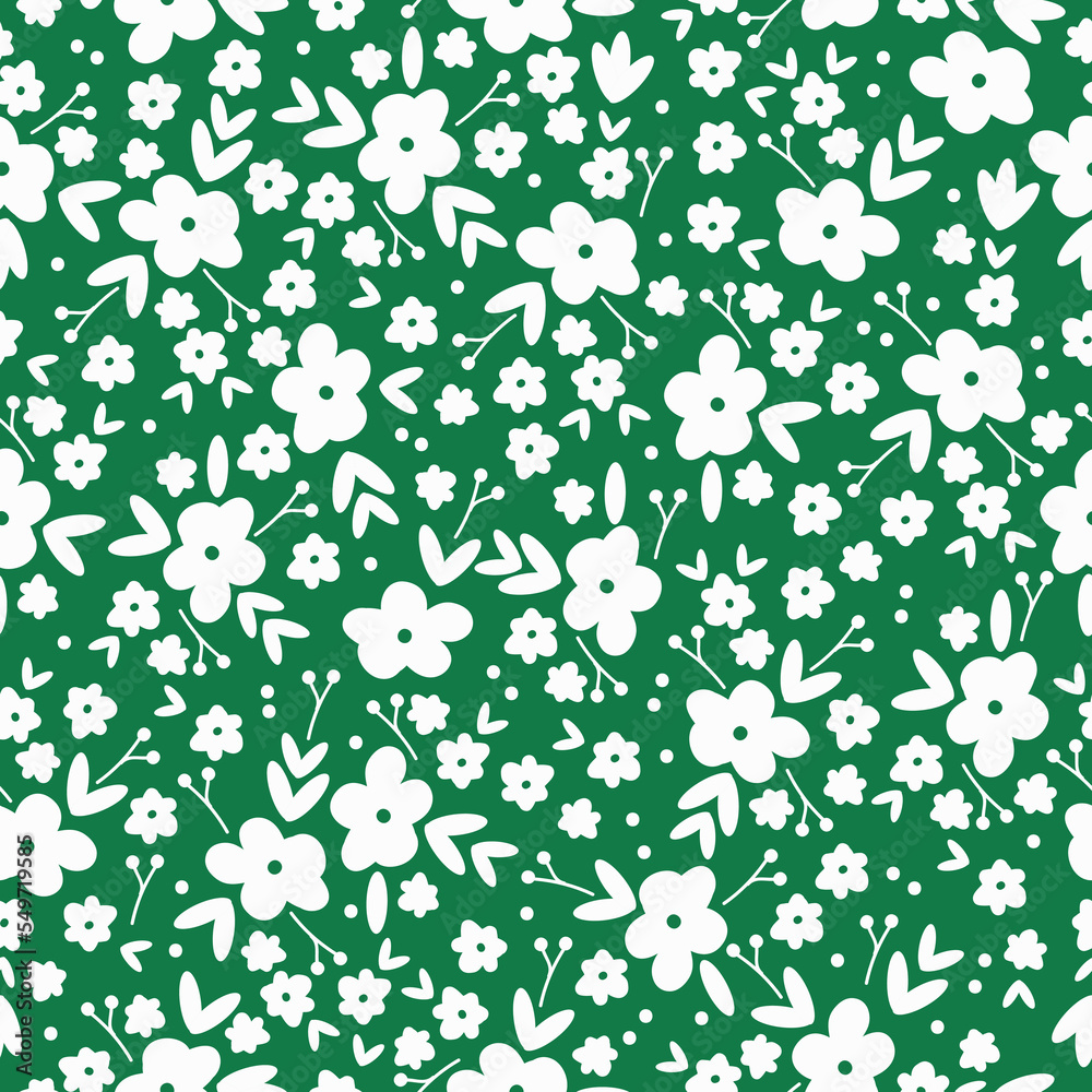 Cute floral pattern. Seamless vector texture. An elegant template for fashionable prints. Print with white flowers,leaves and dots. green background. Cute floral pattern. Seamless vector texture. An elegant template for fashionable prints. Print with white flowers,leaves and dots. green background.