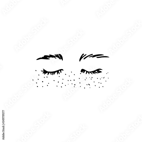 closed eyes with freckles in doodle style - hand drawn vector drawing