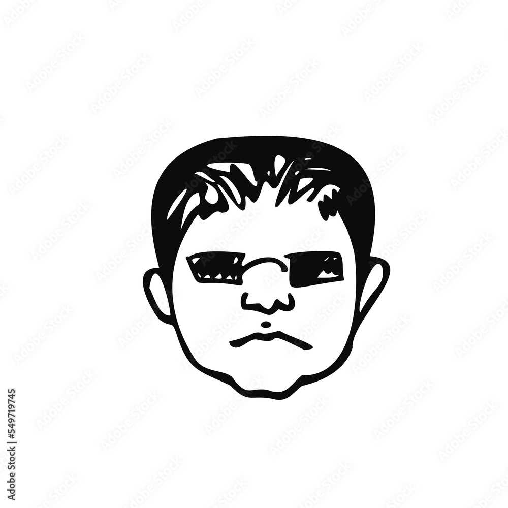round head of a man with glasses in doodle style - hand drawn vector drawing. concept bandit face