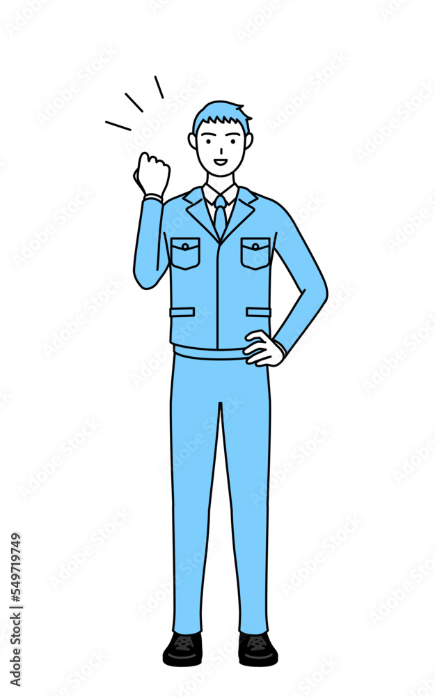 ガッツポーズをする作業着を着た男性のシンプルな線画