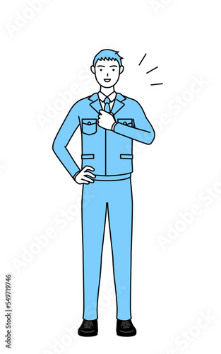 胸を叩く作業着を着た男性のシンプルな線画