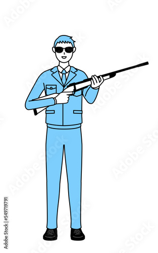 サングラスをかけてライフル銃を持つ作業着を着た男性のシンプルな線画