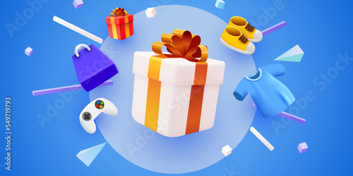 Present box with shopping items. Holiday shopping concept. Vector illustration