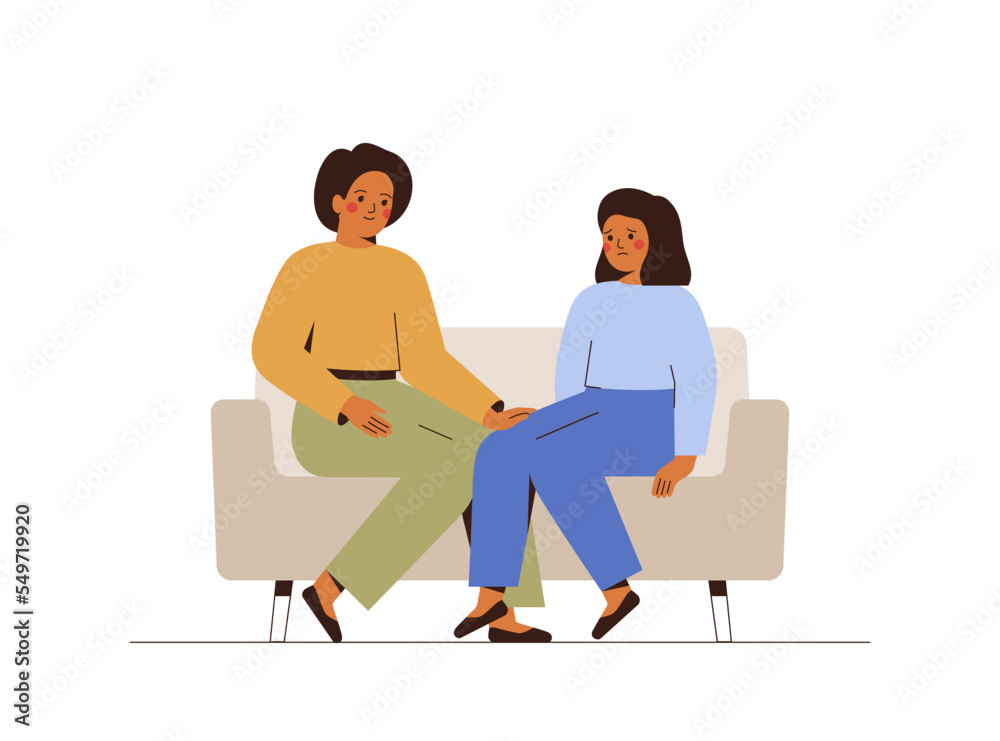 Mother supports her sad daughter. Depressed girl talks with her parent. School child shares her mental problems with her mom. Child care and psychological help concept. Vector illustration Mother supports her sad daughter. Depressed girl talks with her parent. School child shares her mental problems with her mom. Child care and psychological help concept. Vector illustration
