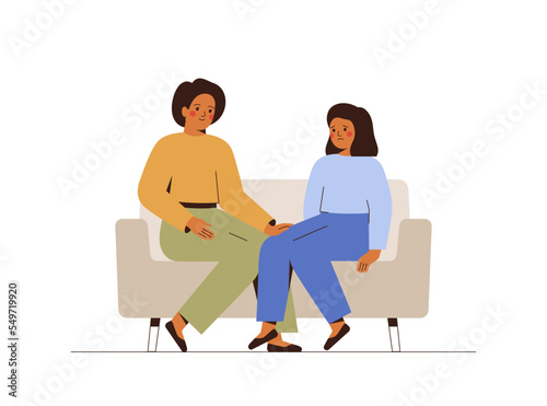 Mother supports her sad daughter. Depressed girl talks with her parent. School child shares her mental problems with her mom. Child care and psychological help concept. Vector illustration